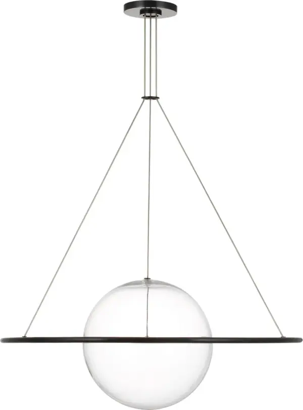 The Cosmos chandelier combines geometric rings with spherical orbs in a sophisticated bronze finish, creating a statement piece that balances modern design with timeless elegance. Clear glass elements add sparkle and dimension.