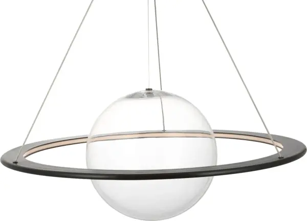 The Cosmos chandelier combines geometric rings with spherical orbs in a sophisticated bronze finish, creating a statement piece that balances modern design with timeless elegance. Clear glass elements add sparkle and dimension. - alternate view