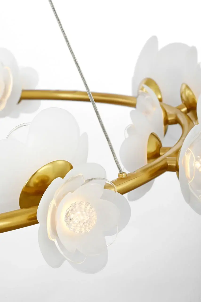 Petaluma 35" Ring Chandelier in Soft Lacquered Brass with Etched and Clear Glass Flowers - Image 3