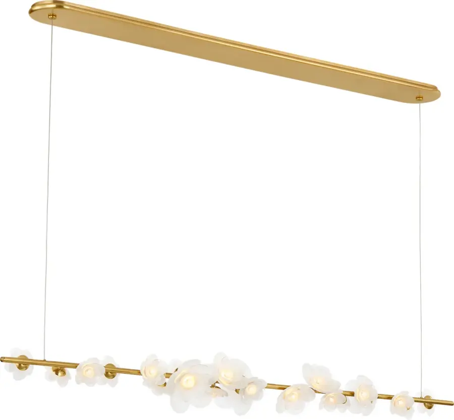 Petaluma 63" Linear Chandelier in Soft Lacquered Brass with Etched and Clear Glass Flowers - Image 1