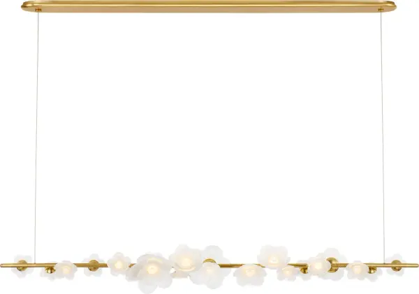 The Petaluma 63" Linear Chandelier combines artistic glass flower elements with warm brass tones to create a sophisticated statement piece. Its substantial length makes it perfect for large dining tables and kitchen islands. - alternate view