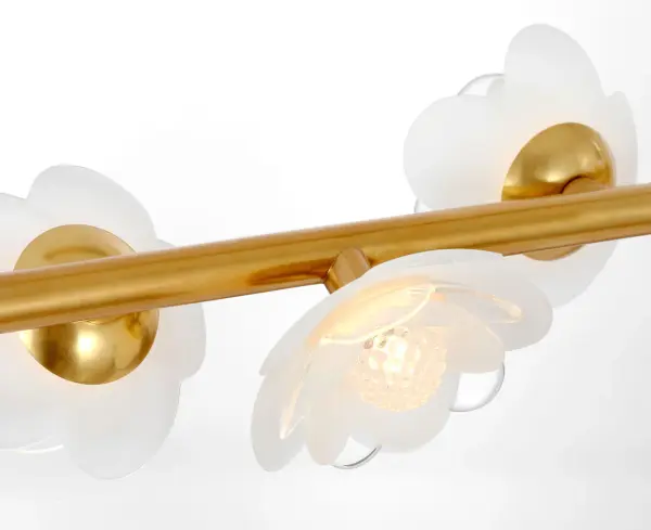 Petaluma 63" Linear Chandelier in Soft Lacquered Brass with Etched and Clear Glass Flowers - Image 3