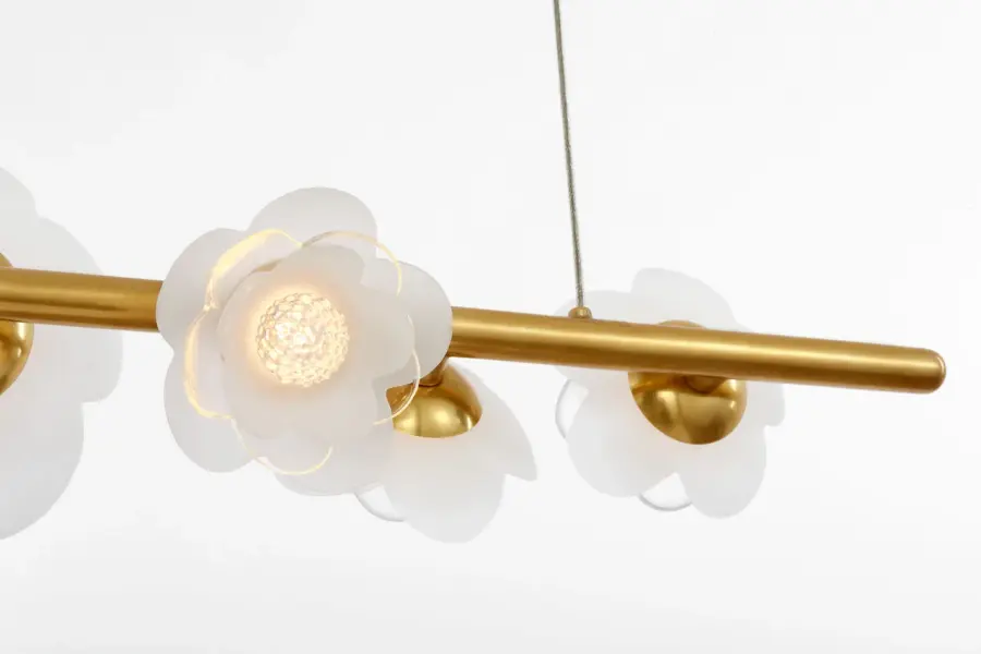 Petaluma 63" Linear Chandelier in Soft Lacquered Brass with Etched and Clear Glass Flowers - Image 4
