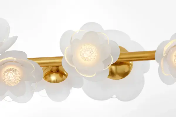 Petaluma 63" Linear Chandelier in Soft Lacquered Brass with Etched and Clear Glass Flowers - Image 5