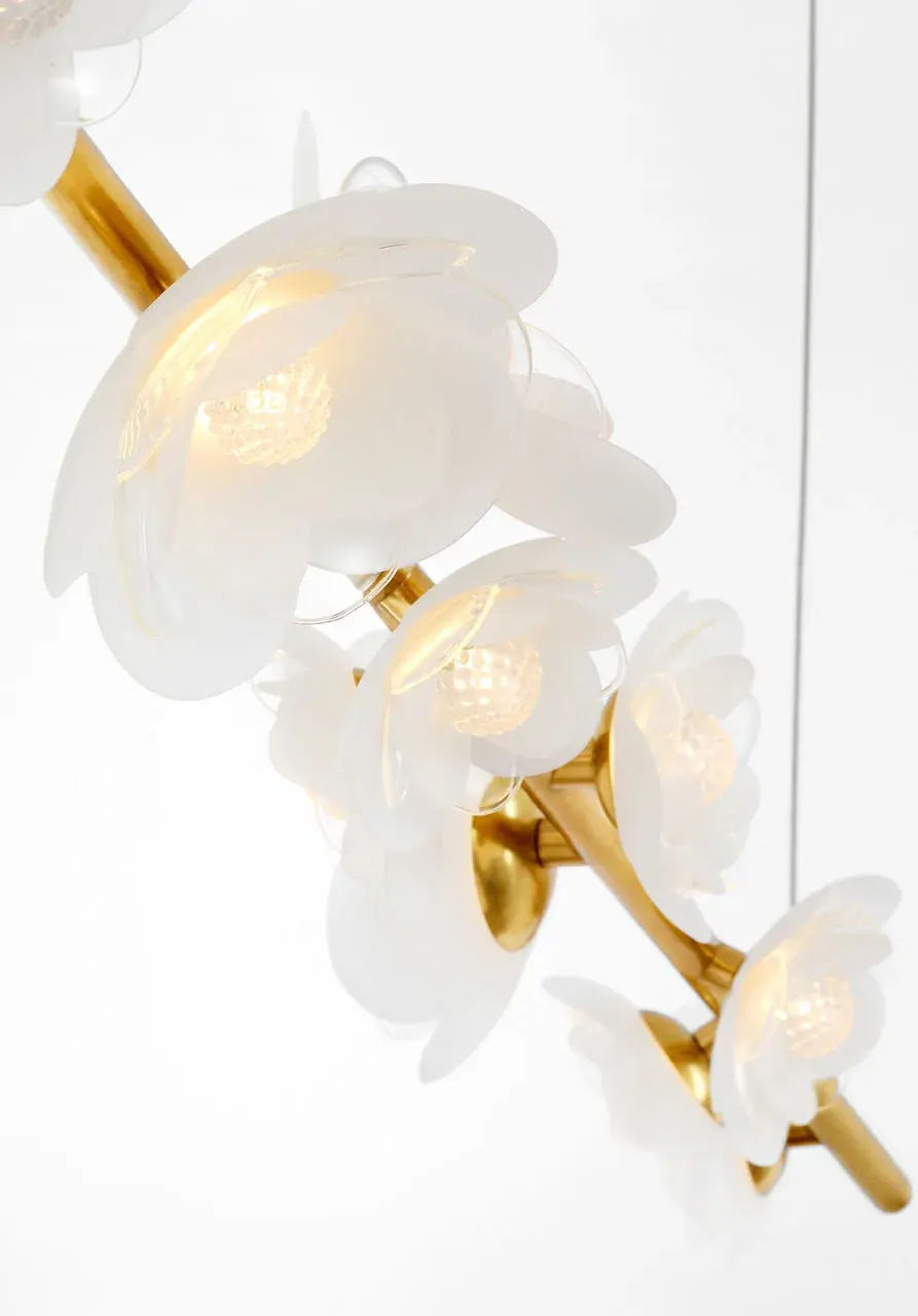 Petaluma 63" Linear Chandelier in Soft Lacquered Brass with Etched and Clear Glass Flowers - Image 6