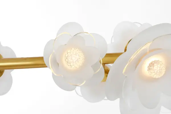 Petaluma 63" Linear Chandelier in Soft Lacquered Brass with Etched and Clear Glass Flowers - Image 7