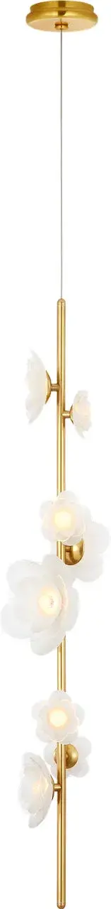 The Petaluma pendant showcases artisanal glass flowers in a vertical arrangement, combining soft brass tones with delicate etched and clear glass. Its compact 7-inch profile makes it perfect for smaller dining areas or as accent lighting.