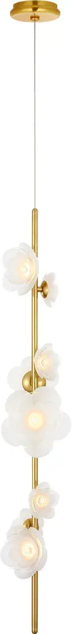 The Petaluma pendant showcases artisanal glass flowers in a vertical arrangement, combining soft brass tones with delicate etched and clear glass. Its compact 7-inch profile makes it perfect for smaller dining areas or as accent lighting. - alternate view