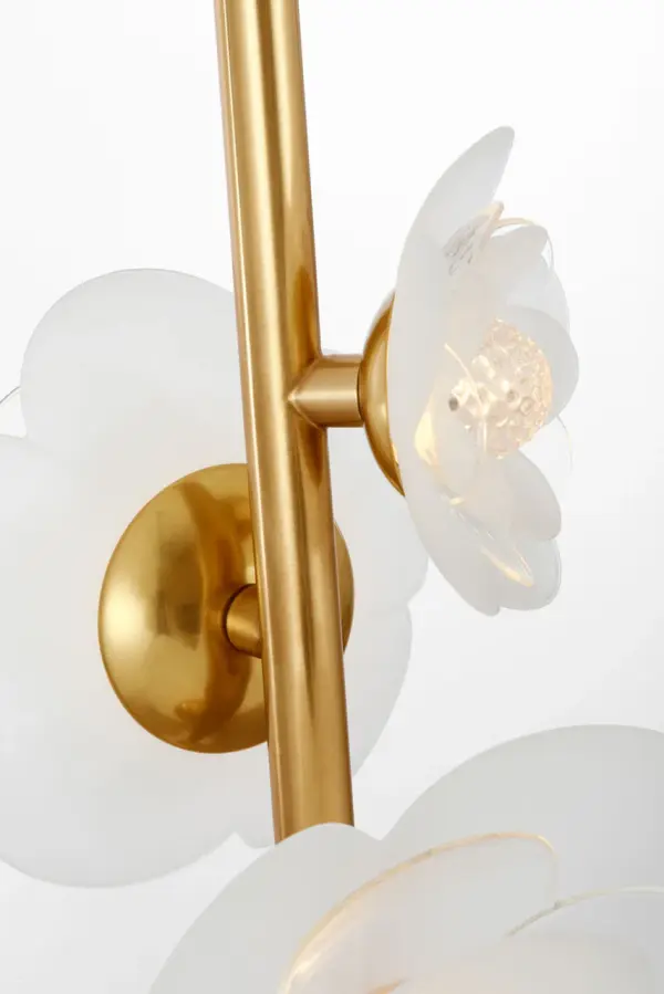 Petaluma 7" Vertical Pendant in Soft Lacquered Brass with Etched and Clear Glass Flowers - Image 3