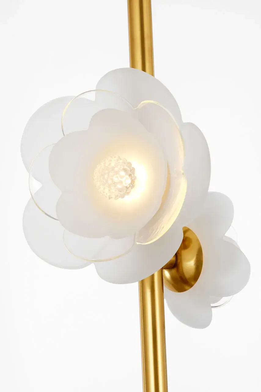 Petaluma 7" Vertical Pendant in Soft Lacquered Brass with Etched and Clear Glass Flowers - Image 5