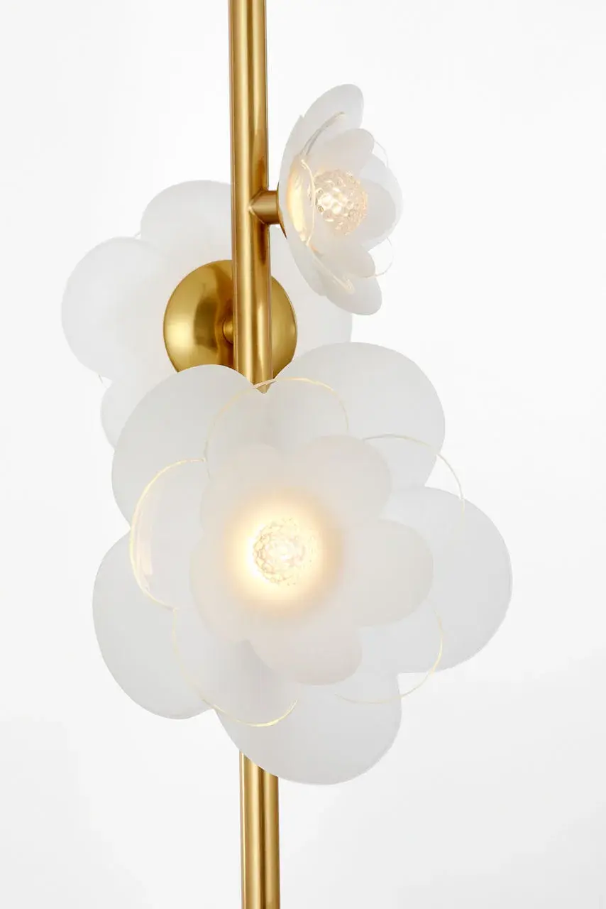 Petaluma 7" Vertical Pendant in Soft Lacquered Brass with Etched and Clear Glass Flowers - Image 6