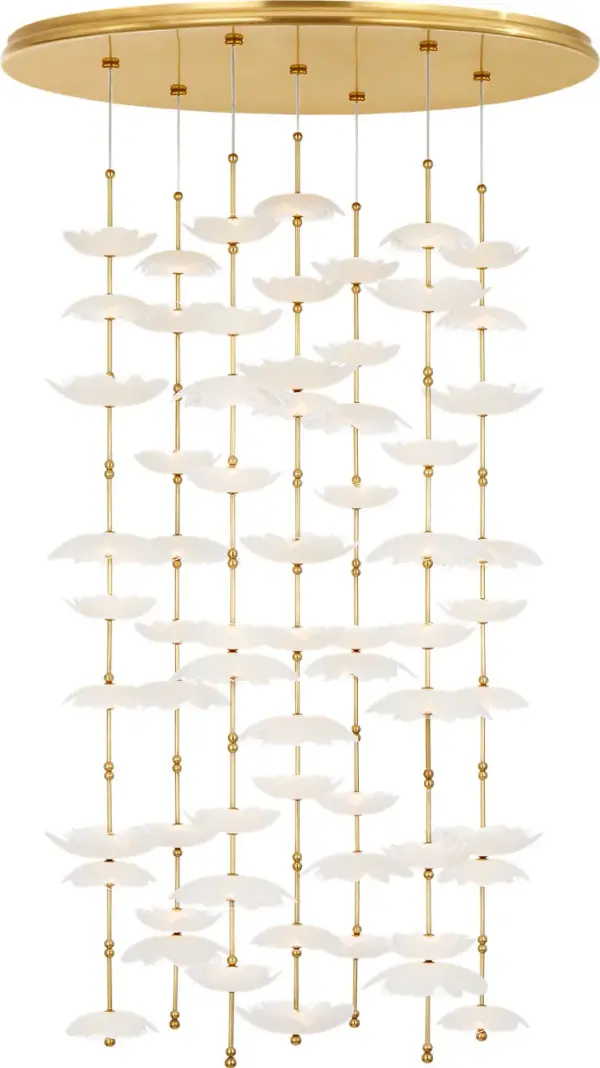 The Petaluma cascading chandelier features handcrafted glass flowers in etched and clear finishes, creating an organic sculptural statement. The soft brass finish adds warmth while the 28-inch scale works beautifully in medium-sized spaces.