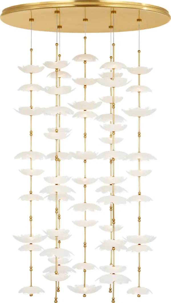The Petaluma cascading chandelier features handcrafted glass flowers in etched and clear finishes, creating an organic sculptural statement. The soft brass finish adds warmth while the 28-inch scale works beautifully in medium-sized spaces. - alternate view