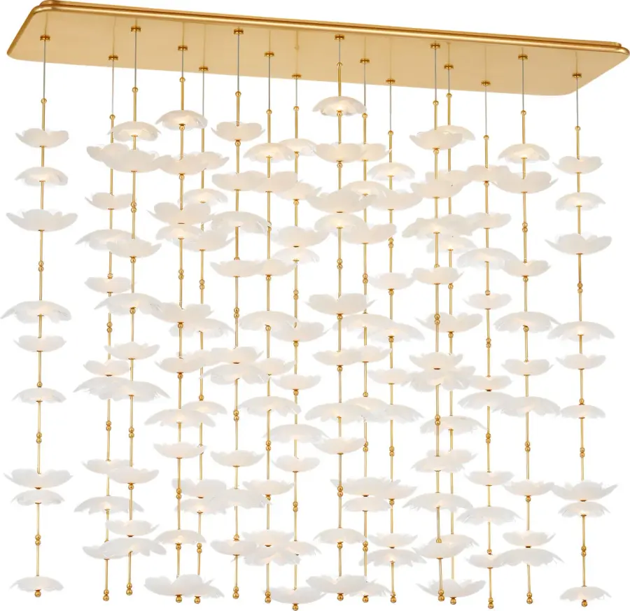 Petaluma 60" Cascading Linear Chandelier in Soft Lacquered Brass with Etched and Clear Glass Flowers - Image 1