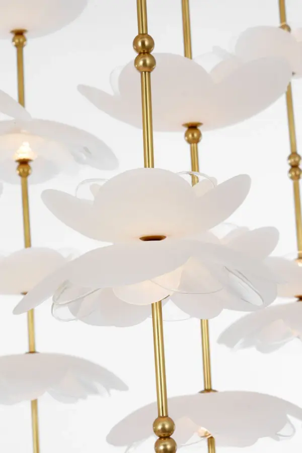 Petaluma 60" Cascading Linear Chandelier in Soft Lacquered Brass with Etched and Clear Glass Flowers - Image 3