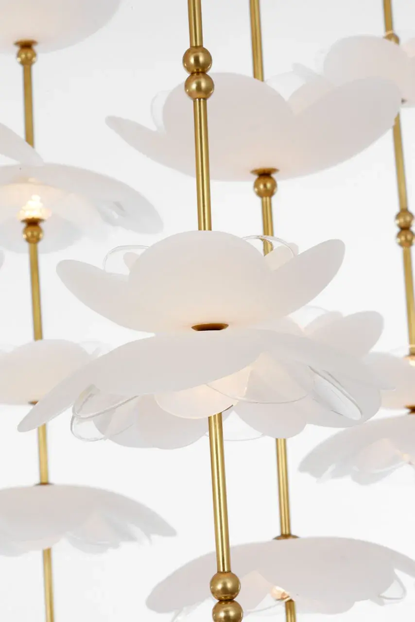 Petaluma 60" Cascading Linear Chandelier in Soft Lacquered Brass with Etched and Clear Glass Flowers - Image 3
