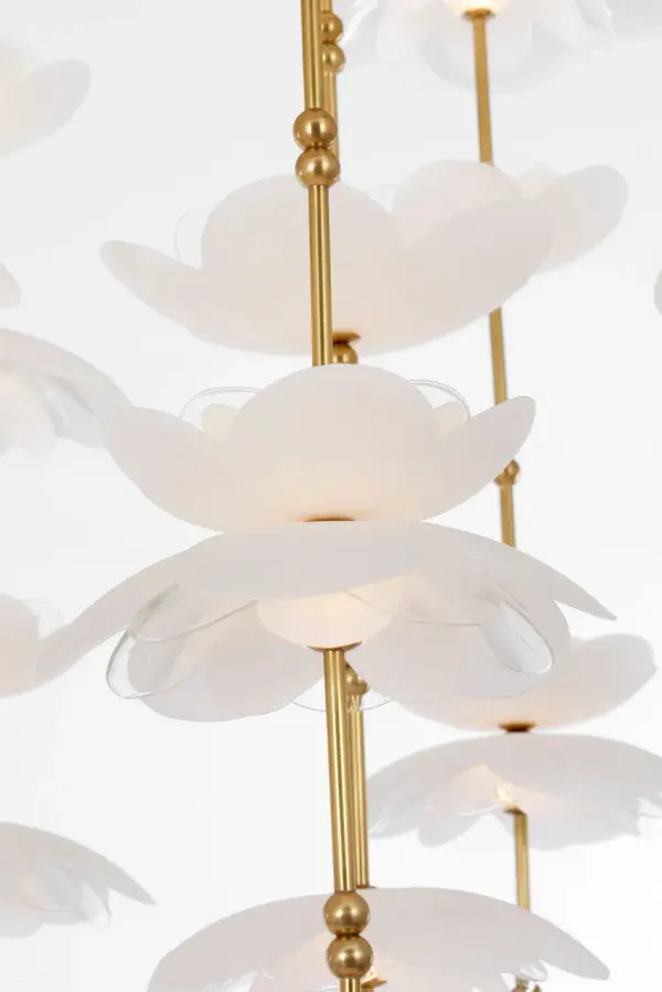 Petaluma 60" Cascading Linear Chandelier in Soft Lacquered Brass with Etched and Clear Glass Flowers - Image 4