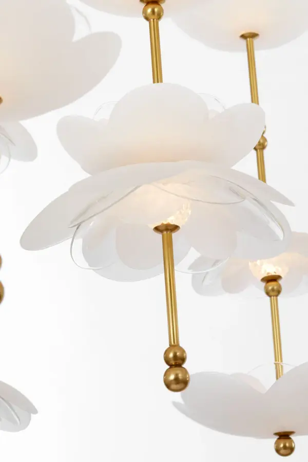 Petaluma 60" Cascading Linear Chandelier in Soft Lacquered Brass with Etched and Clear Glass Flowers - Image 5