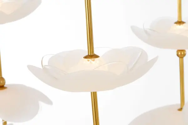 Petaluma 60" Cascading Linear Chandelier in Soft Lacquered Brass with Etched and Clear Glass Flowers - Image 6