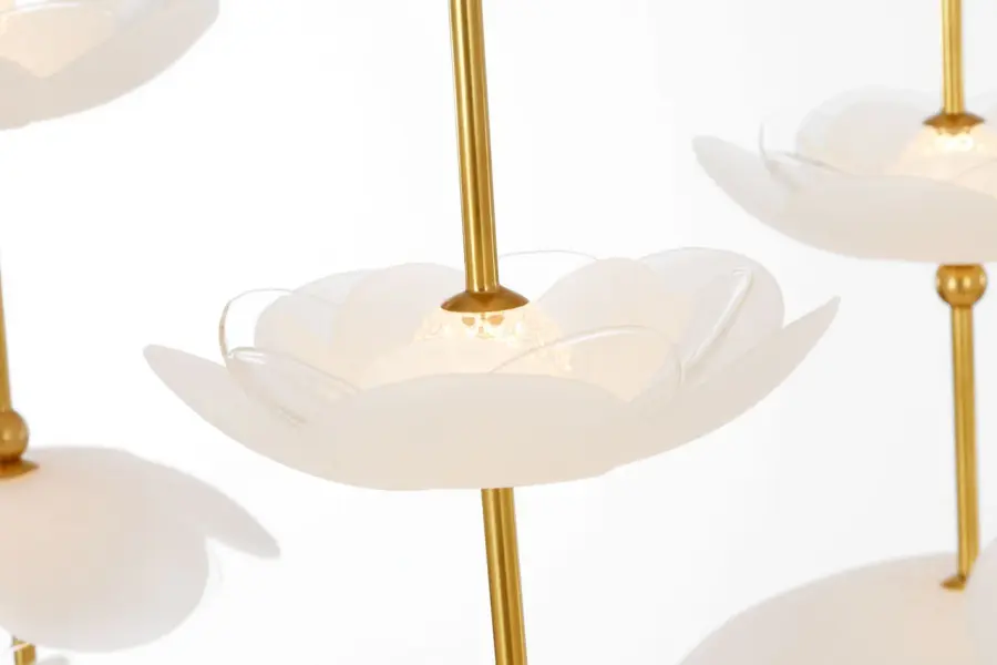 Petaluma 60" Cascading Linear Chandelier in Soft Lacquered Brass with Etched and Clear Glass Flowers - Image 6