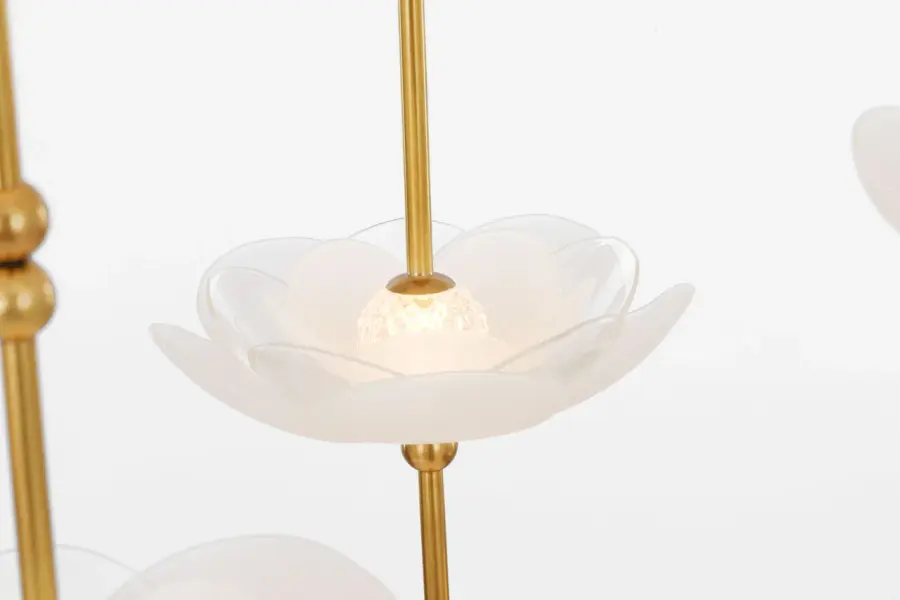 Petaluma 60" Cascading Linear Chandelier in Soft Lacquered Brass with Etched and Clear Glass Flowers - Image 7
