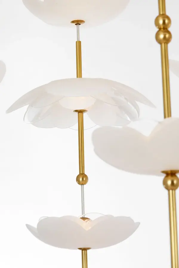 Petaluma 60" Cascading Linear Chandelier in Soft Lacquered Brass with Etched and Clear Glass Flowers - Image 8