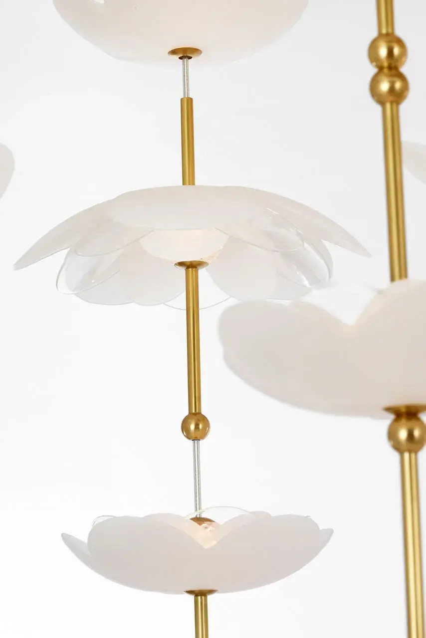 Petaluma 60" Cascading Linear Chandelier in Soft Lacquered Brass with Etched and Clear Glass Flowers - Image 8