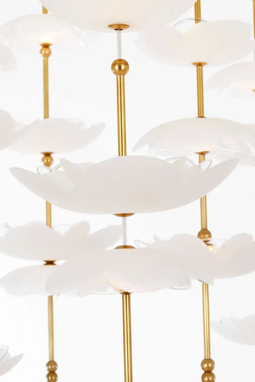 Petaluma 60" Cascading Linear Chandelier in Soft Lacquered Brass with Etched and Clear Glass Flowers - Image 9