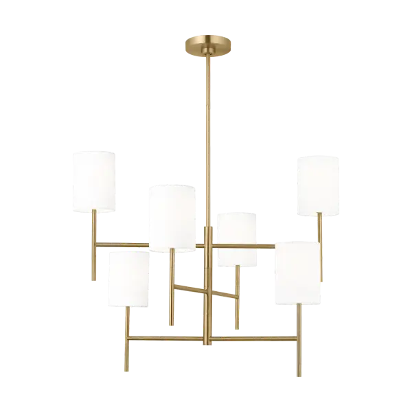 The Key Large Chandelier combines transitional elegance with contemporary clean lines in a burnished brass finish. Its substantial scale makes it perfect for grand dining rooms, foyers, and commercial spaces requiring statement lighting.