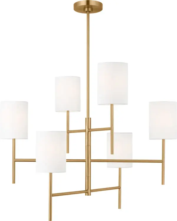 The Key Large Chandelier combines transitional elegance with contemporary clean lines in a burnished brass finish. Its substantial scale makes it perfect for grand dining rooms, foyers, and commercial spaces requiring statement lighting. - alternate view
