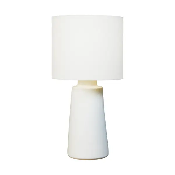 Barbara Barry's Vessel table lamp exemplifies refined minimalism with its well-proportioned ceramic form and nature-inspired New White finish. The white linen shade provides soft, diffused light perfect for intimate spaces.
