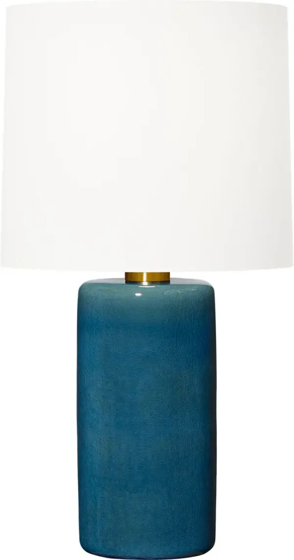 Barbara Barry's Shanghai Table Lamp combines a sleek cylindrical ceramic base with a refined crackle finish and tailored linen shade. Its understated elegance and soft illumination make it ideal for modern and transitional spaces. - alternate view