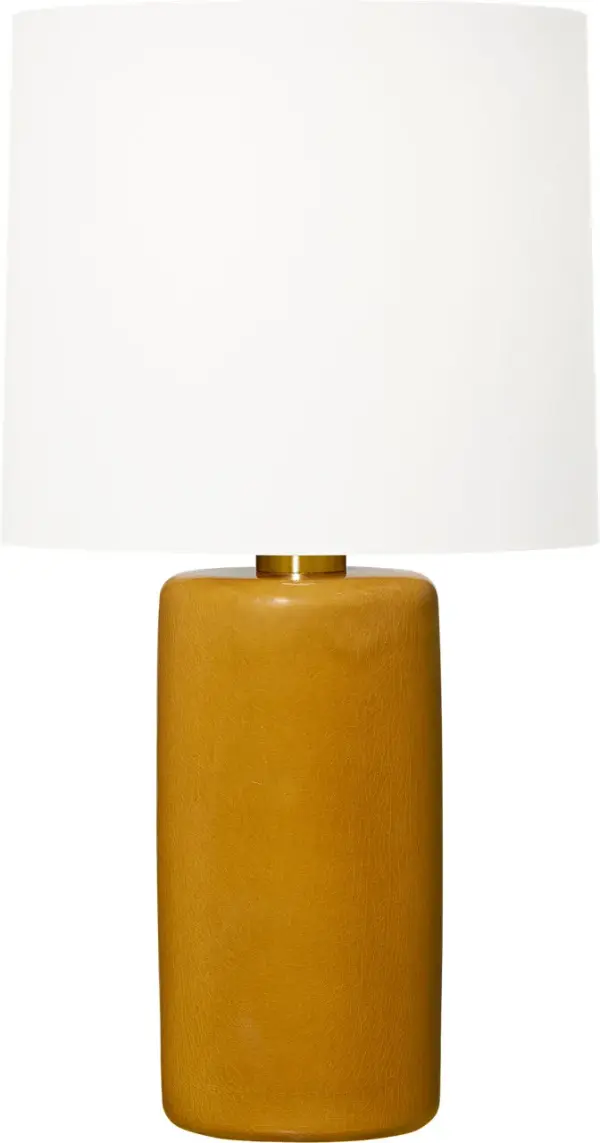 The Shanghai Table Lamp by Barbara Barry combines a sleek cylindrical ceramic base in sophisticated olive with a tailored linen drum shade. Its understated elegance and soft glow make it ideal for modern and transitional spaces. - alternate view