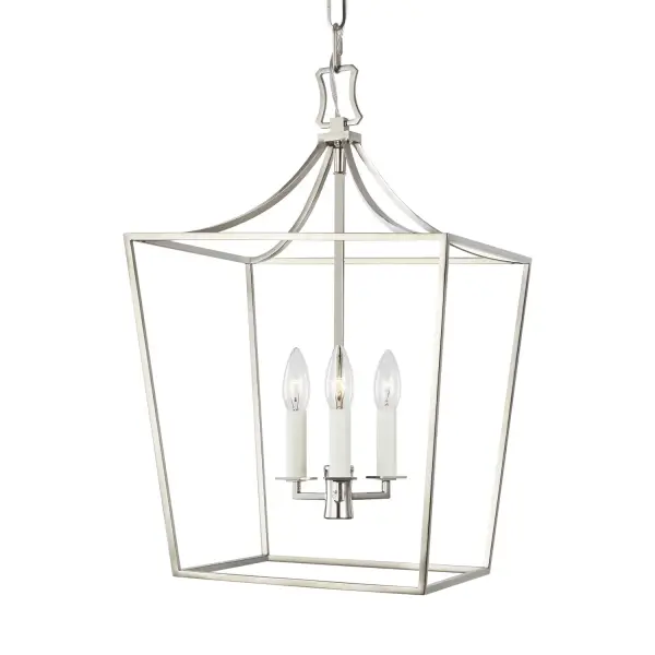 The Southold lantern by Chapman & Myers combines clean geometric lines with an open, airy frame that feels light and modern. The polished nickel finish adds sophistication while the tight candelabra hub creates visual interest.