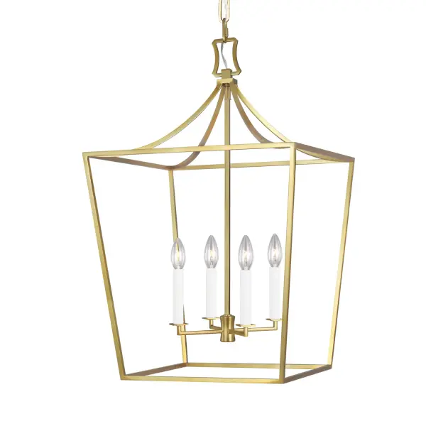 The Southold lantern by Chapman & Myers combines clean geometric lines with a thin frame for an airy, sophisticated look. The burnished brass finish adds warmth while the candelabra-style lighting creates classic elegance.