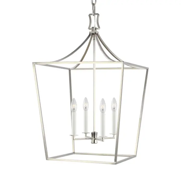 The Southold lantern combines clean geometric lines with an airy open frame design. Its polished nickel finish and candelabra-style lighting create a sophisticated focal point perfect for entryways and dining spaces.