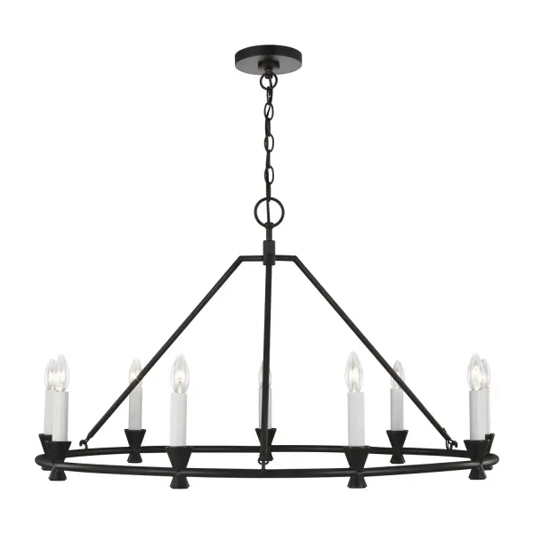 This striking nine-light chandelier reimagines the classic wagon wheel with sophisticated details inspired by Giacometti sculptures. The exposed candelabra design on an angular Aged Iron frame creates dramatic visual impact while casting warm, inviting light perfect for large dining spaces.