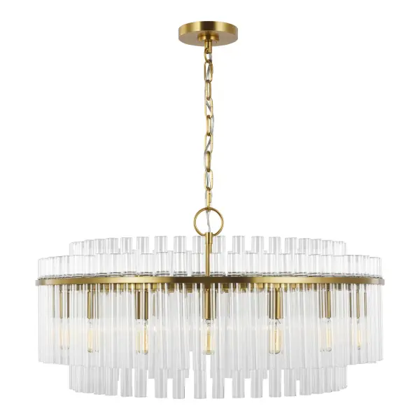 The Beckett 16-light chandelier by Chapman & Myers delivers dramatic illumination with Art Deco-inspired geometry and clean modern lines. Its 32-inch diameter and burnished brass finish create a luxurious focal point for large dining rooms and entryways.