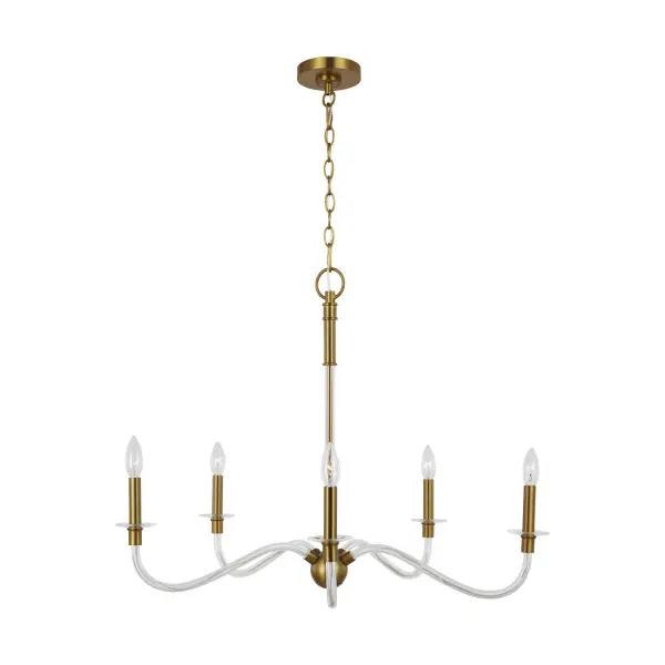 The Hanover chandelier by Chapman & Myers delivers sophisticated Art Deco style with clean, contemporary lines. Its burnished brass frame and clear glass cylinders create a striking focal point that works beautifully in both traditional and modern spaces.