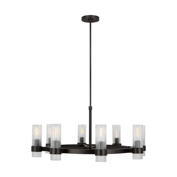 The Geneva chandelier by Chapman & Myers combines refined fluted glass shades with a strong Aged Iron frame for a sophisticated transitional look. Its 33-inch diameter makes it ideal for larger dining rooms and entryways.