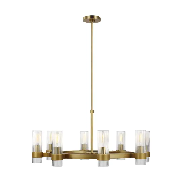 The Geneva chandelier by Chapman & Myers combines slender fluted glass shades with a strong Burnished Brass frame for a sophisticated, dynamic look. Its 33-inch diameter makes it ideal for medium to large dining rooms and entryways.