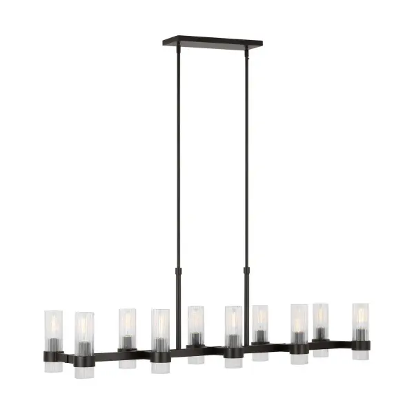 The Geneva chandelier by Chapman & Myers combines refined elegance with industrial strength. Ten fluted glass shades create dynamic visual interest along a 50-inch span, perfect for long dining tables and kitchen islands.