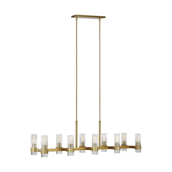 The Geneva chandelier by Chapman & Myers combines slender fluted glass shades with a strong burnished brass frame, creating a sophisticated focal point for dining rooms and kitchen islands. Its 50-inch length and 10-light configuration provide ample illumination while maintaining an elegant, dynamic silhouette.