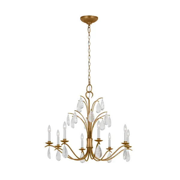 The Shannon chandelier combines vintage-inspired design with organic textured glass drops that refract light beautifully. Its curved metal arms and hourglass central hub create visual interest while the rippled crystal drops add a unique sculptural element.