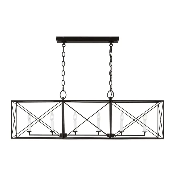 The Beatrix chandelier combines rustic farmhouse charm with industrial design through its open-caged frame and distinctive X-cross detailing. The aged iron finish and white candelabra holders create visual warmth perfect for casual dining spaces.