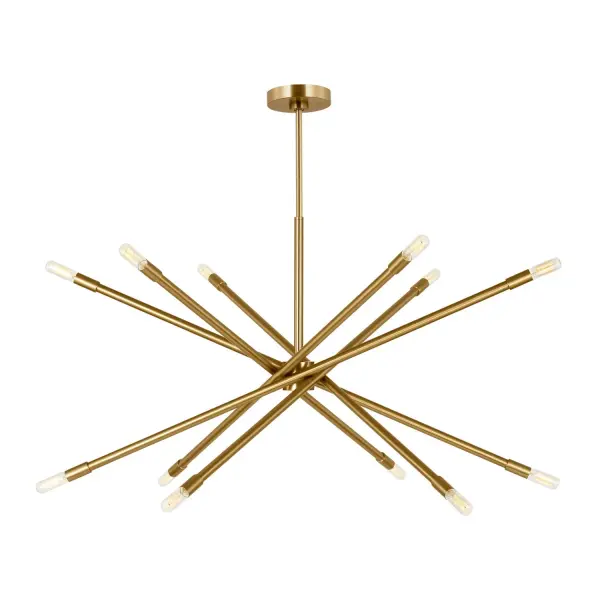The Eastyn chandelier brings mid-century glamour with its adjustable 12-arm sputnik design. Each arm can be angled to create vertical or horizontal configurations, offering customizable visual impact. The burnished brass finish adds warmth and sophistication to modern and transitional spaces.