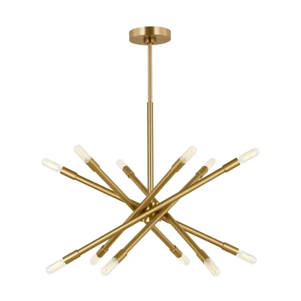 The Eastyn chandelier brings mid-century Italian elegance with its geometric sputnik design and adjustable arms. Each of the 12 arms can be angled to create vertical or horizontal configurations, offering customizable visual impact.