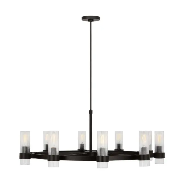 Chapman & Myers' Geneva chandelier combines refined fluted glass shades with an industrial-strength Aged Iron frame. At 42 inches wide, it commands attention over large dining tables while maintaining visual lightness through its clear glass.