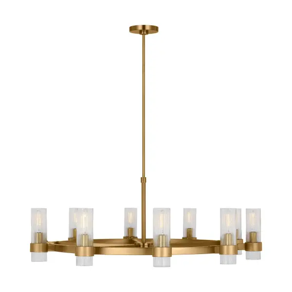 Chapman & Myers' Geneva chandelier delivers sophisticated presence with its fluted glass shades and substantial 42-inch span. The burnished brass finish adds warmth while the clean silhouette keeps it versatile across traditional and contemporary interiors.