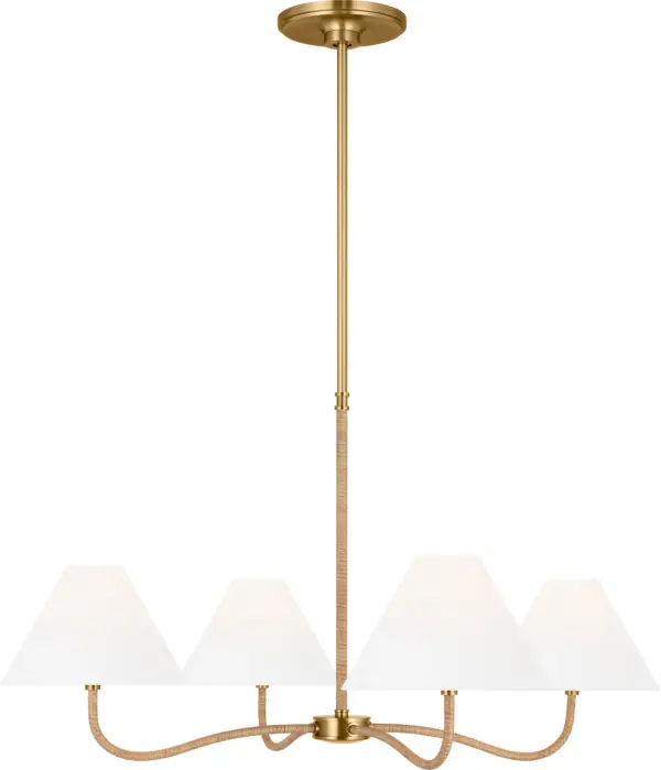 Chapman & Myers's Laguna chandelier blends eclectic nautical charm with rustic sophistication. The natural woven frame wrapped around curving arms creates organic texture, while burnished brass accents add warmth and refinement.